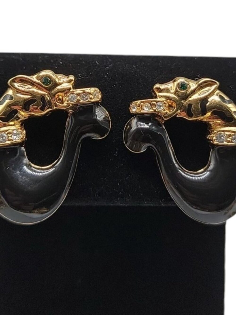 Jackie Collins Rare Clip On Earrings Figural Cougar Loop Black Enamel Rhinestone